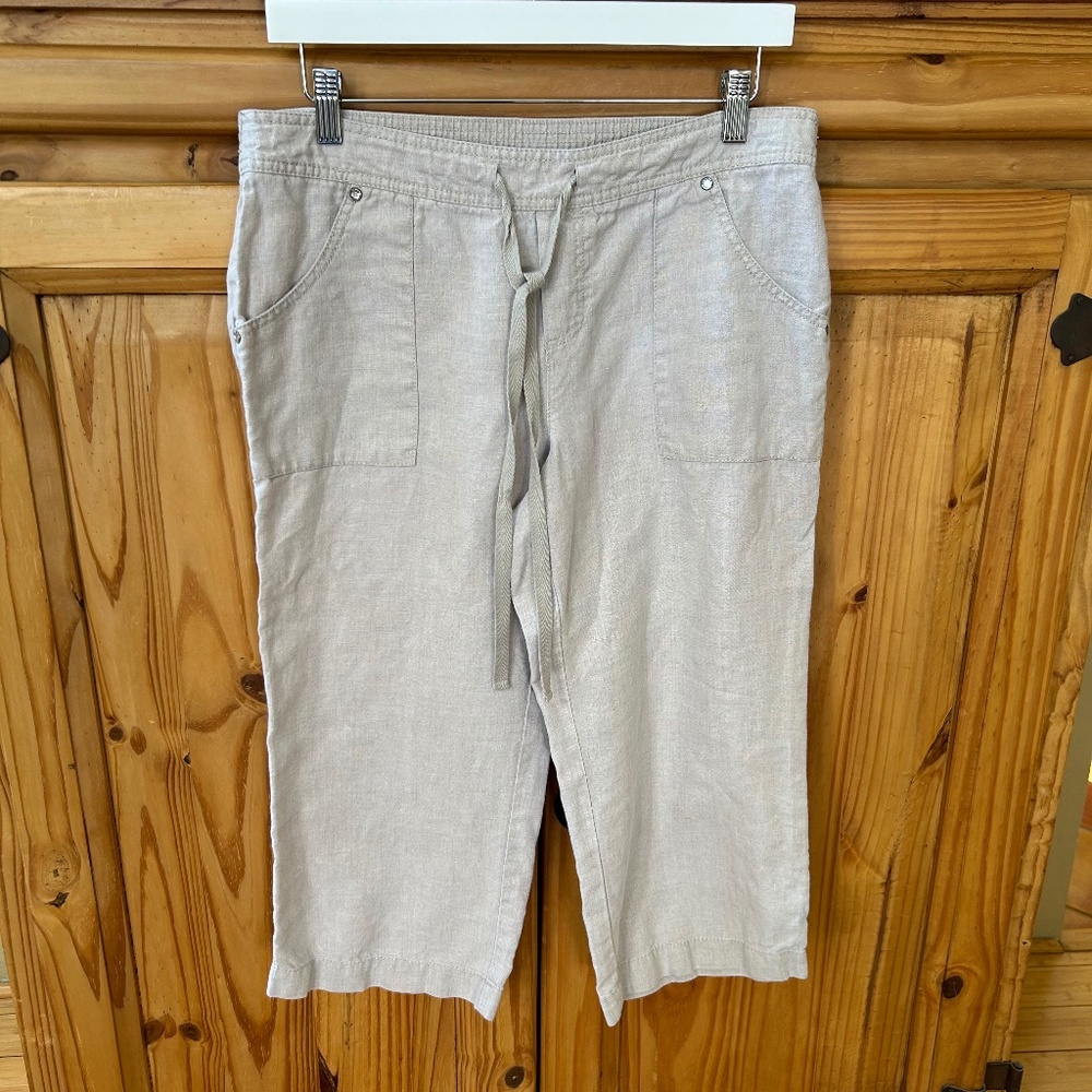 Inc Beach Capri Pants 100% Linen Drawstring Elastic Waist Front Back Pockets Med